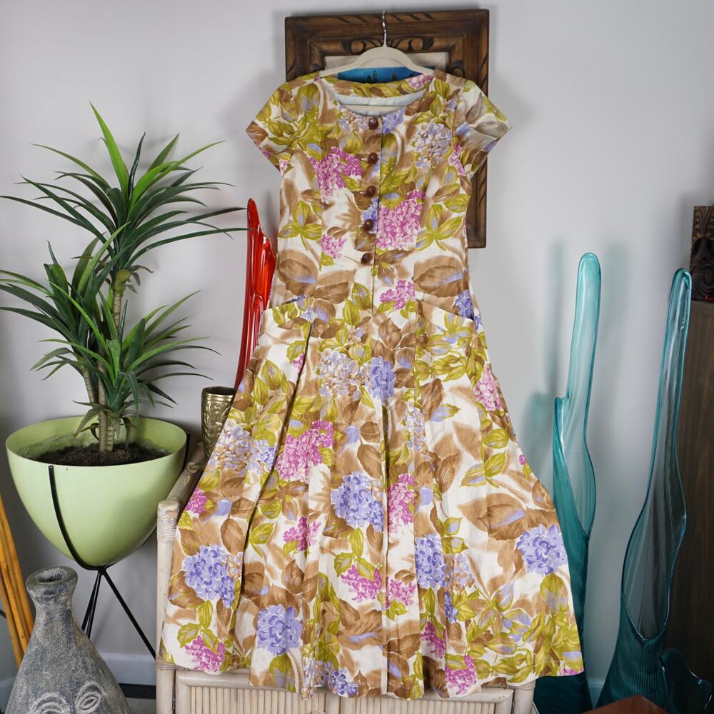 Vintage linen floral midi fit floral button up dress